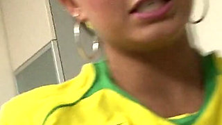 Babe in Brazil Uniform Strips and Plays Solo in the Kitchen