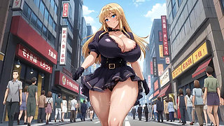 Walking on a lively street with her lower body exposed