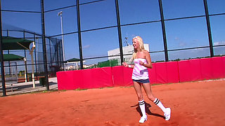 Batting Cage Blonde in a Pink Helmet Sucks and Rides Him on the Red Sofa