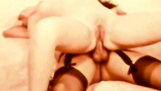 Stockinged Blonde Worships Mustached Stud in Red-tinted Vintage Trio