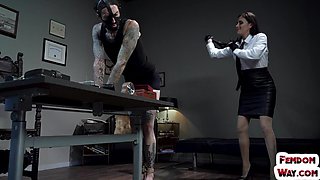 Femdom busty MILF in stockings whipping foot fetish sub