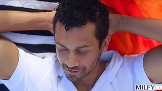 Redheaded Hoe Rides Big Latin Cock By The Pool