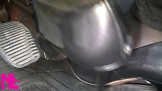 Pedal Pumping in Black Pantyhose and Grey Patent High Heels