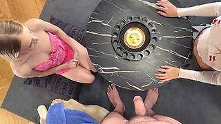 Christmas CFNM Threesome Cum Challenge with Big Cock Handjob and Accidental Ruined Orgasm