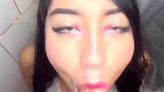 Busty brunette lures her man into the shower and fucks, while her parents are home