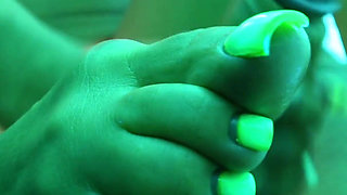 4K Tanning Studio Footjob From Hot Blonde MILF with Long Neon Green Toenails & Cum on Toes