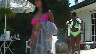 Four sexy ebony babes at poolside muff diving and using dildos to fuck tight twat