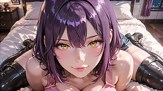 Bedroom Purple-haired Golden-eyed Beauty Pink Top Black Boots Blowjob to Passionate Ride with Massive Creamy Ass Finish