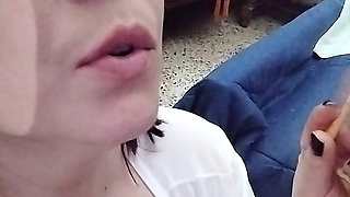 Slut with Huge Tits Jerks off Cock While Smoking