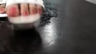 Only Asian Crush white sandals footjob on cockbox cum