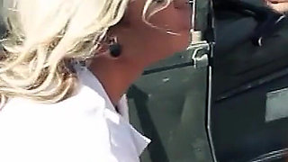 Blonde MILF Sarah Fucked by Threesome Soldiers Outdoors
