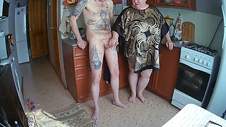milf jerks off my dick in the kitchen before lunch