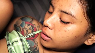 Asian ladyboy fucks bargirl in threesome