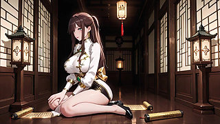 The Black & Gold Qipao Lady Kneels in the Wooden Corridor, Playing with Her Hair Bun, Sunlight Hitting Her Skin