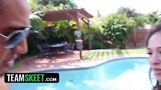 Teamskeet - Tiny Teen gets her vagina eaten by the pool and inserted by fat throbbing cock