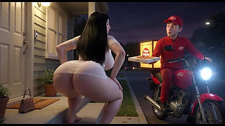 Curvy Woman In Translucent White Outfit Talks To Pizza Delivery Guy At Her Front Door At Night (AI generated)