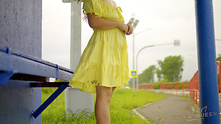 128 Subtle Outdoor Flirting with Passing Drivers at a Bus Stop. Do You Like My Legs? 60fps