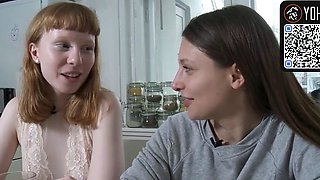 Redhead and dark haired lezzy play in kitchen with vagina