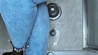 Desperate for Wee in the Bathroom Pissing in My Blue Jeans
