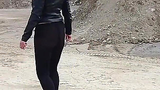Grandma Is Walking Around a Gravel Pit in Tight Leggings and High Heels!