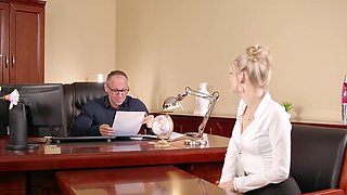 Sultry tall blonde works as her hung boss's sex doll