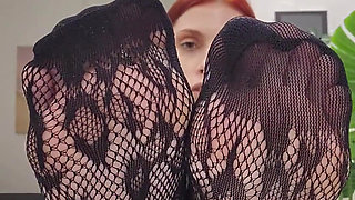 Foot Worship in Sheer Black Fishnet Bodysuit - Perfect Nylon Feet