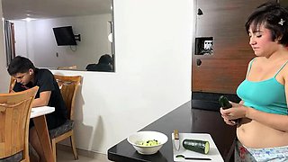 My Horny Stepsister Masturbates with Cucumber in Kitchen - I Fuck Her After Watching