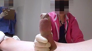 Two nurses tease my cock with their hands and then one of them starts riding it in reverse cowgirl position
