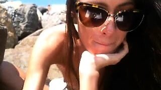 Lewd brunette ashley storm jerks big cock outdoor