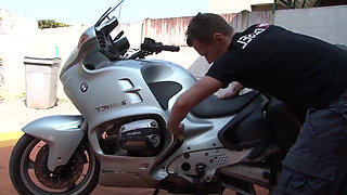 Horny brunette gets fucked on motorcycle