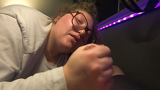 Innocent Chubby white nerd girl with glasses sucks cock and licks up the cum