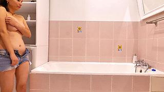 Thick Brunette Mercedez's Shower Tease Solo: I Strip My Jeans & Play with My Big Hairy Pussy!