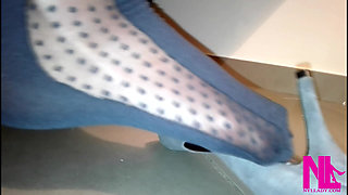 Sensual Shoeplay in Grey Patent Pumps and Blue Charmant Pantyhose