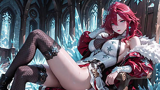 Red-haired Sorceress makes a stunning entrance in the Crystal Hall, robe slightly open and staff tapping seductively.