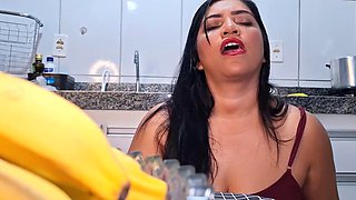 Brazilian Nicolly Mattos in Pajamas Gulps Husbands Cum in Kitchen