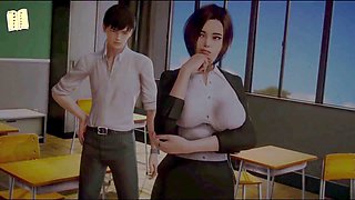 Waifu Academy experience with a hot brunette teacher and some first-time action
