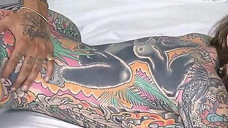 Inked Big Titty Nympho Slut Cheats on Hubby with 2 Bbcs