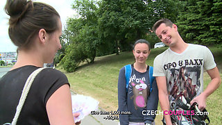 Playful young woman joins a park foursome (Czech Couples)