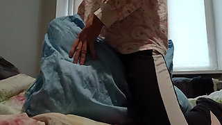 Super Skinny Girl Rubs Her Pussy on a Pillow and Cums Quickly so Her Parents Don't Catch Her
