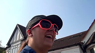 Short and thick brunette outdoor pising and public flashing