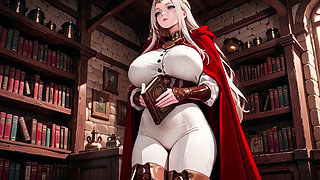 Languid Reading in a Gothic Library, White Robe and Red Cape, Hand Resting Gracefully with Half-closed Eyes.