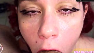Redhead gives bj until she swallows cum