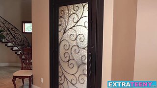 Fun sized teen Gabriela Ford gets hungry for huge cock