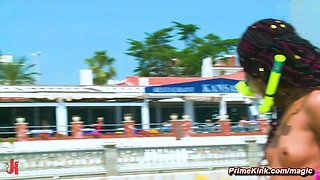 Petite ebony slave public disgraced and made love