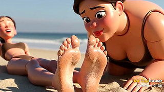 Fat Woman Licking Sandy Feet of Skinny Girl - Beach Humiliation