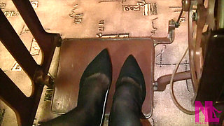 Vintage_sewing on My Granny's Old Sewing Machine in Black Pantyhose and Suede Louboutins