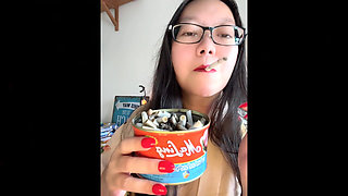 Exotic Smoking Asian: Red Nails, Red Lips Smoking Harlot Spills & Rubs Ash on Breasts