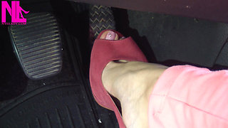Barefoot Driving and Revving in Vivid Pink High Heeled Sandals