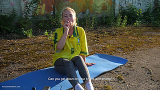 Seductive Russian Babe Smoking Cigarette Outdoor Setting