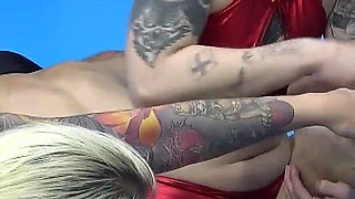 Two Tattooed Chicks Tickling Their Slave in the Gym